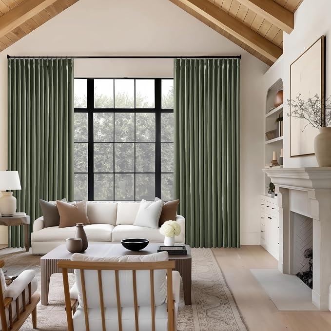Olive Green Pleated Linen Blackout Curtains 90 Inches Long for Bedroom Living Room Pinch Pleat Black Out Thermal Insulated Ring Hooks Back Tab Room Darkening Drapes Dark Green Curtains with Liner