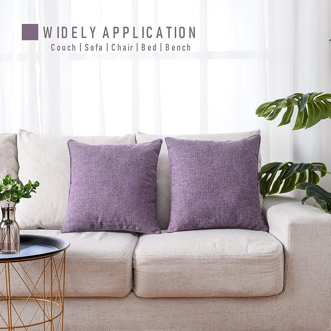 HPUK Linen Throw Pillow Covers Pack of 2, 18x18 Inch Accent Cushion Covers for Living Room, Bedroom, Decorative Solid Color Pillow Covers for Couch, Sofa, Chair, Lavender Mist