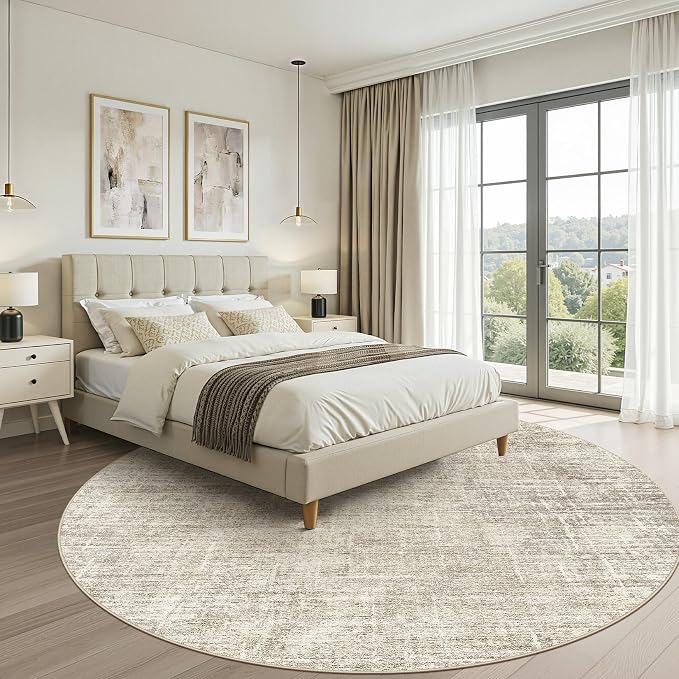 8ft Round Rug Living Room: 8x8 Washable Large Neutral Brown Circle Area Rug Abstract Soft Modern Stain Resistant Indoor Floor Non-Slip Carpet for Bedroom Nursery Kids Office Playroom Dining Room