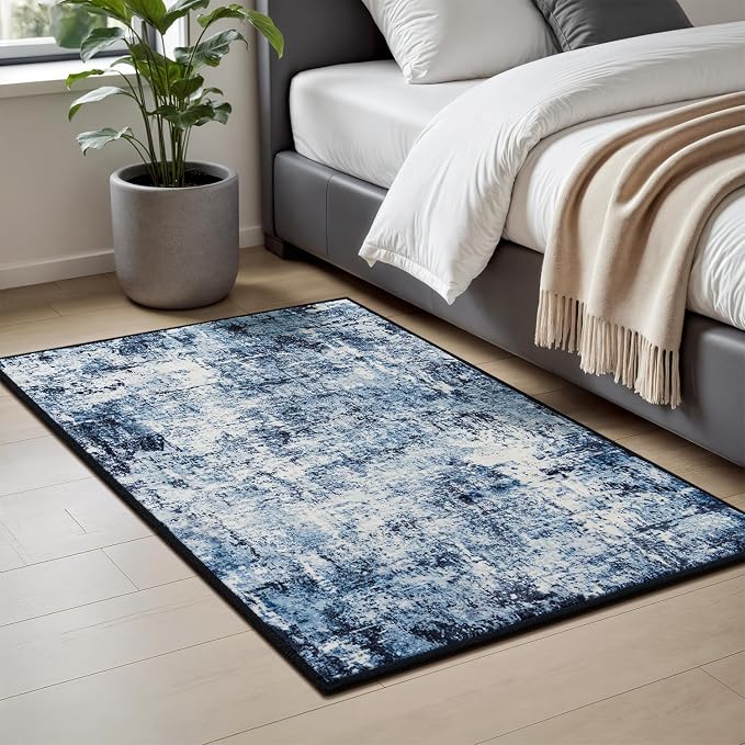 Rugflix 2x4 Entrance Rugs, Entry Rug Washable Non-Slip Stain-Resistant Low Pile Small Modern Dark Carpet, for Living Room Bedroom Indoor, Navy Blue/Black