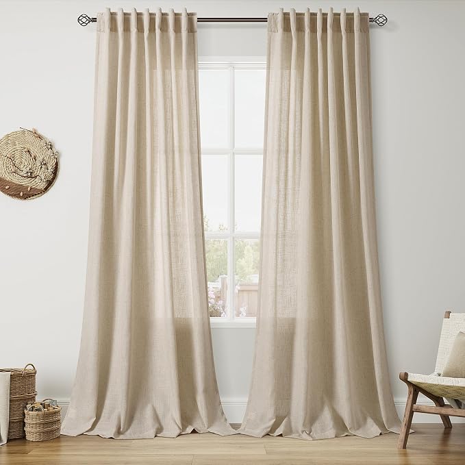 Taupe Burlywood Linen Curtains for Living Room 98 Inches Long Light Filtering Semi Sheer Curtain Back Tab Rustic Luxury Neutral Modern Farmhouse Decor Drapes for Bedroom Dinner Room 52x98, 2 Panels