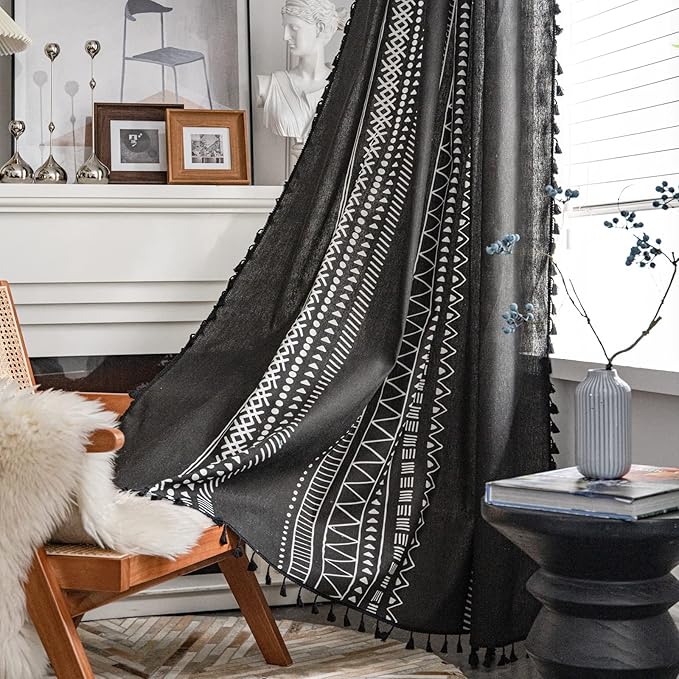 ColorBird Black Boho Curtains for Bedroom Room Darkening 63 Inch Farmhouse MCM Western Striped Aztec Window Treatment Patterned Drapes 2 Panles for Living Dining Room Kitchen Boho Chic Decor
