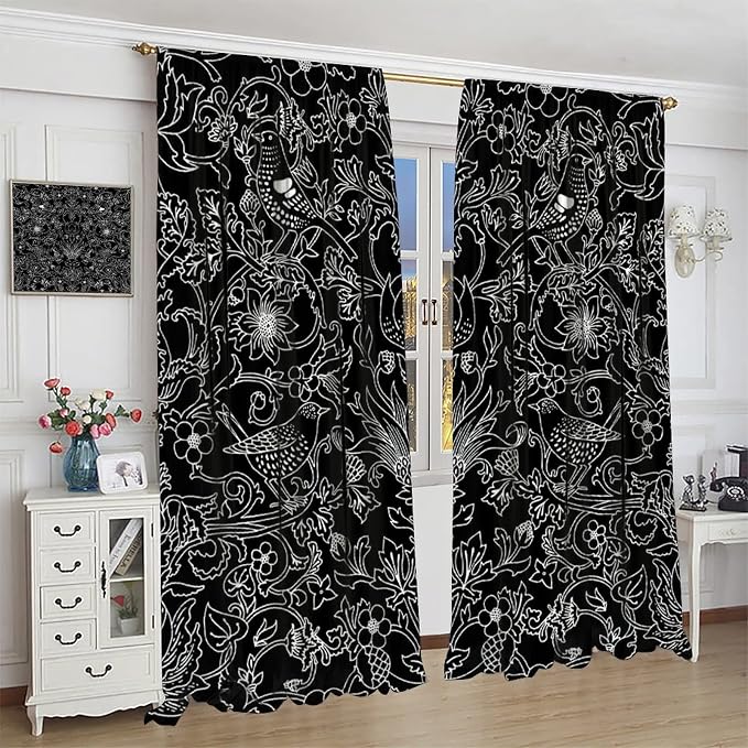 Bohemia William Morris Art Blackout Window Curtains, Vintage Flowers and Birds Dark Magic Forest Background, for Living Room Bedroom 36(W)*63(L) 2 Panels