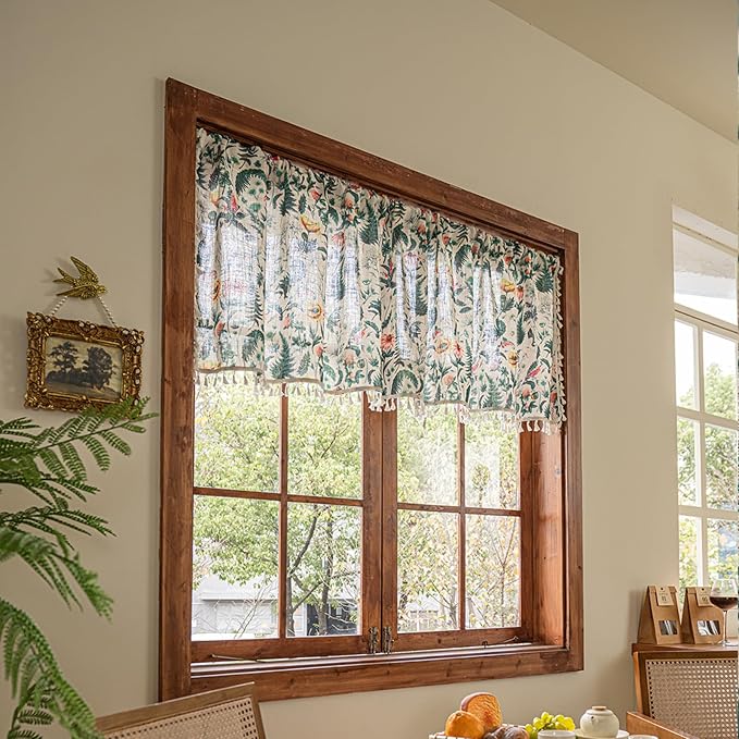 Deeprove Boho Valance Curtain 18 Inch with Tassels, Green Fern Leaf Textured Kitchen Window Sheer Linen Look Short for Spring Summer Cafe Closet Farmhouse Country Style Privacy 1 Panel 52W x 18L