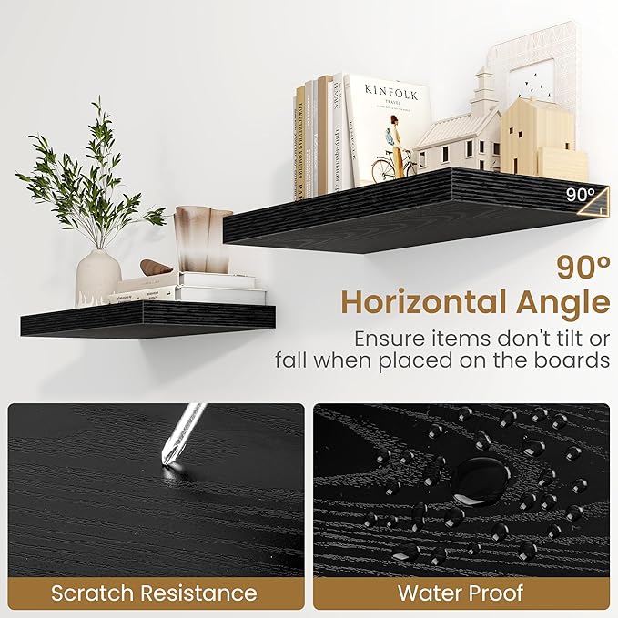 Fun Memories Black Floating Shelves 55 Inch Long, 9.3 Inch Deep Floating Shelf for Wall, Living Room, Bedroom, Kitchen, Large Deep Wall Shelves with Invisible Bracket for Books, Decor