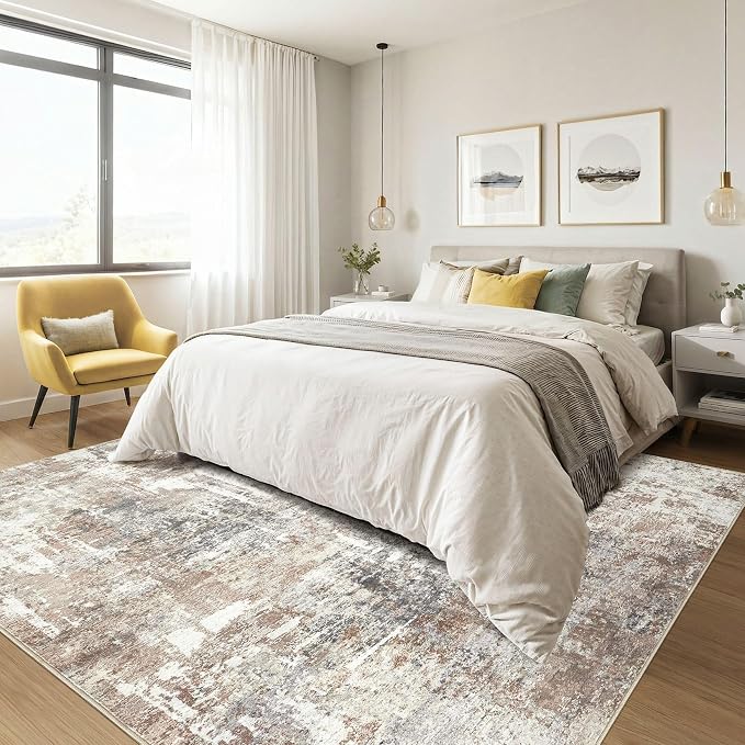 Square Rug 8x8 Living Room: Large Washable Abstract Modern Soft Area Rug Stain Resistant Indoor Floor Non-Slip Accent Carpet for Bedroom Nursery Playroom Dining Room Office Dorm Home Decor- Brown