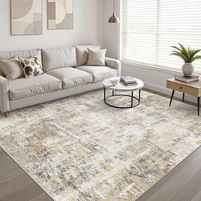 10x14 Area Rugs Living Room: Washable Large Neutral Gray Gold Rug Abstract Soft Modern Stain Resistant Indoor Floor Non-Slip Carpet for Bedroom Nursery Kids Office Playroom Dining Room Under Table