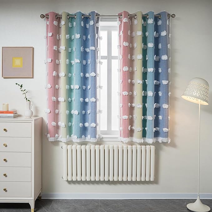 MYSKY HOME Pom Pom Sheer and Blackout Curtains Double Layer Rainbow Curtains 63 Inches Long Kids Curtains for Girls Bedroom Son Room Ombre Room Darkening Grommet Rainbow 52 x 63 in 2 Panels