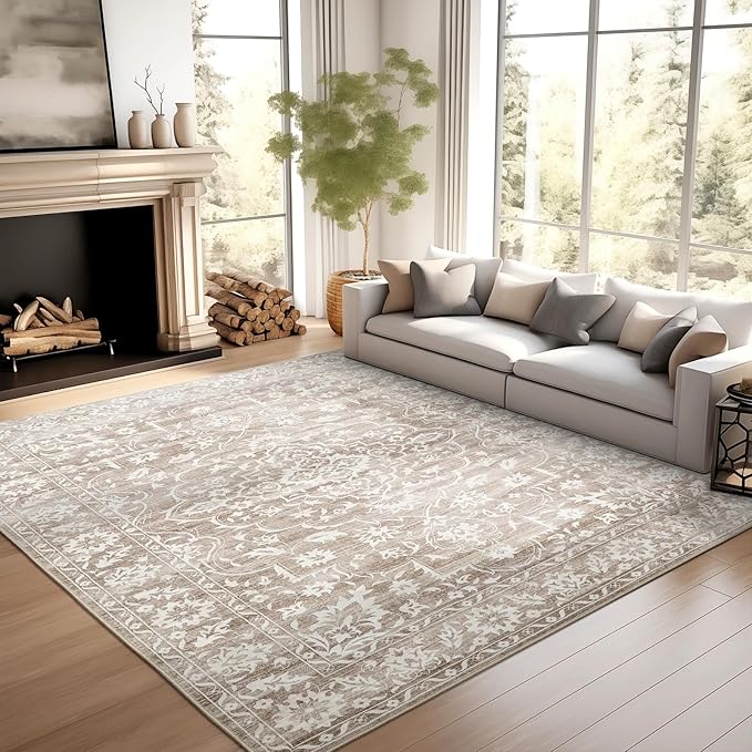 Soalmost 5x7 Area Rugs for Living Room, Washable Neutral Soft Rug | Vintage Floral Non-Slip Low Pile Throw Large Carpet for Dining Room Bedroom Kitchen Home Office Nursery Light Brown 5'x7'