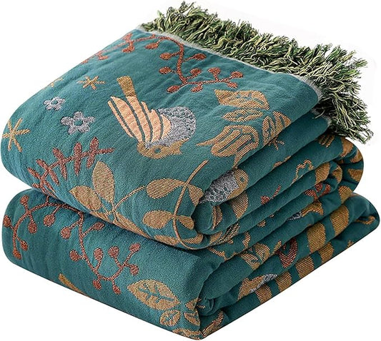 King Throw Blanket for Bed Couch,100% Organic Cotton Reversible Soft Quilt, Birds and Floral Breathable Lightweight Blankets,90"×108" Extra Large Sofa Throws for 3 4 Seater with Tassels,Teal