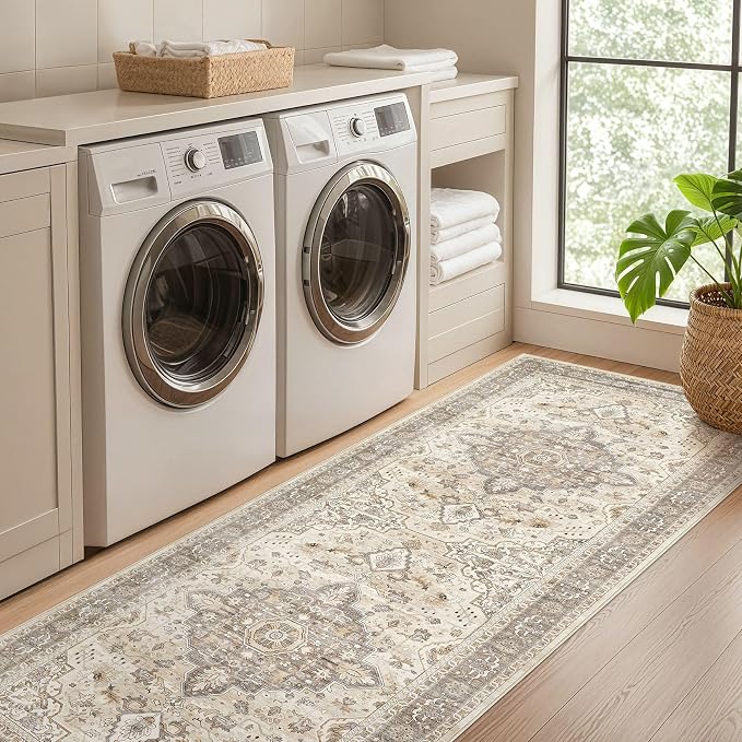 Runner Rug Kitchen Washable Rugs: 2x5 Non-Slip Boho Soft Vintage Stain Resistant Indoor Floor Neutral Farmhouse Throw Carpet for Hallway Bathroom Laundry Room Entryway Bedroom- Brown