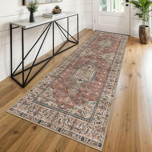 KUTA Vintage Washable Runner Rug, 2.6x8 Runners for Hallways Non-Slip Vintage Terracotta Kitchen Rugs Soft Printed Tribal Floor Carpet for Bedroom Living Room Nursery
