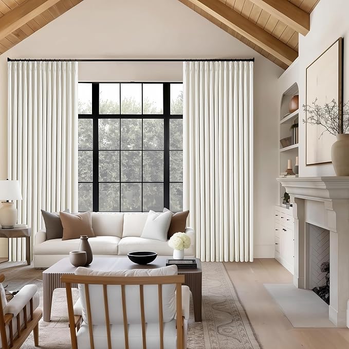 Natural Linen Blackout 112 Inch Curtains for Living Room 2 Panels Set Pinch Pleated Back Tab Drapes Farmhouse Thermal Insulated Full Black Out Curtains 112 Length High Ceiling to Floor Cream Ivory