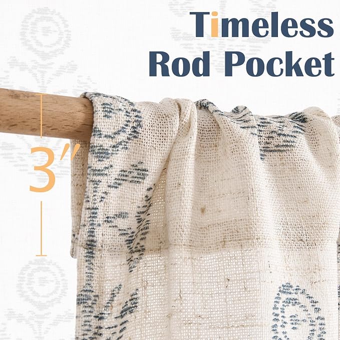 jinchan Linen Kitchen Curtains 24 Inch Floral Tier Curtains Farmhouse Cottage Core Flax Cafe Rod Pocket Country Small Window Drapes for Laundry Room Bathroom RV 2 Panels Blue on Beige