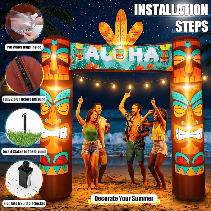 Jenaai 9.5 FT Giant Tiki Themed Inflatable, LED Blow up Tiki Arch for Party, Luau Hawaiian Tropical Beach Party Decorations for Summer Pool Yard Garden Favors Supplies