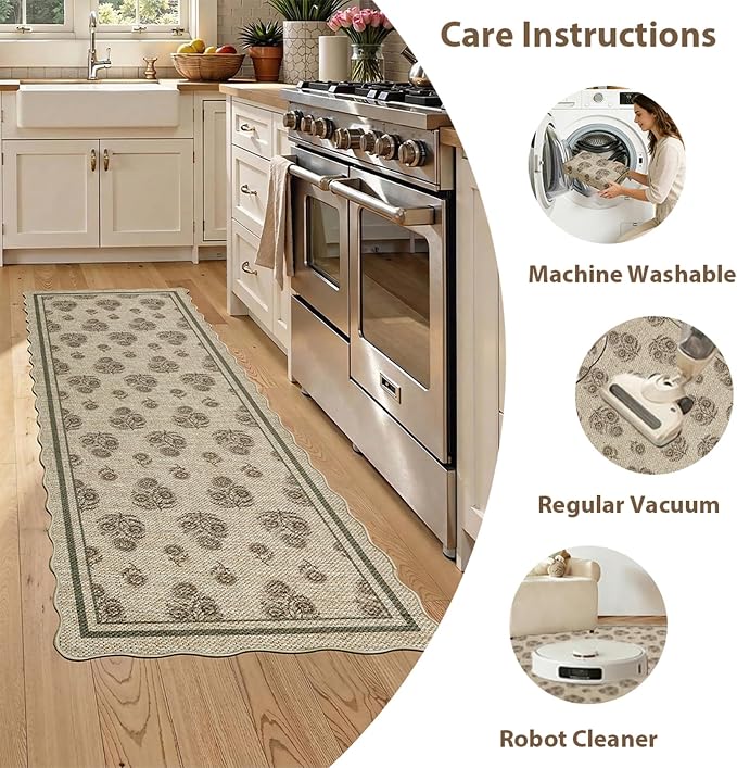 ORTIGIA Scalloped Easy Jute 2x6 Kitchen Runner Rug Vintage Brown Floral Accent Farmhouse Washable Rug Non-Slip Outdoor Carpet for Entryway Indoor Hallway Patio Laundry Room
