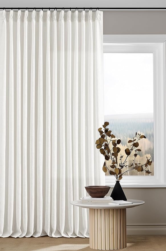 TWODRAPES Beige White Pinch Pleated Linen Curtains 2 Panels 105 Inches Long for Living Room Bedroom Memory Shaped Semi Sheer Pleat Drapes with Hooks Rings Light Filtering Window Curtain 40x105