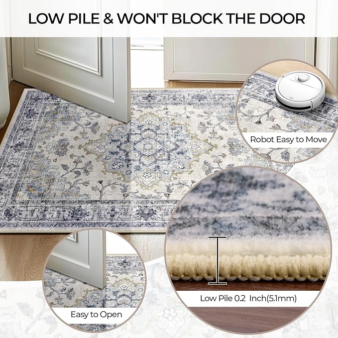 CAPALOCA Machine Washable Rugs Nursery Rug 6x9 Cute Girl Non Slip Low Pile Water Repellent Soft Print Pattern for Bedroom Indoor Decor Kids Playroom Blue White