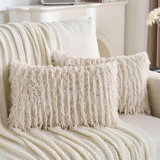 FUTEI Pack of 2 Faux Feather Plush Throw Pillow Covers 12x20 Inch Soft Fluffy Solid Farmhouse Decorative Lumbar Pillowcases Modern Luxury Accent for Couch Bed Living Room, Beige