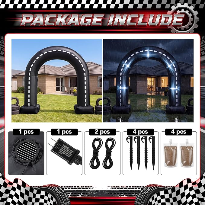 Seenelling 9 Ft Race Car Party Inflatable Archway, Blow Up Racetrack Arch with Built-in LED Lights Racing Themed Decoration for Birthday Party Lawn Yard Decor