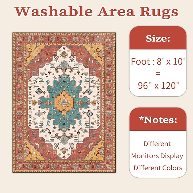SERISSA Boho 8x10 Area Rugs Orange, Washable Vintage Large Living Room Rug Non-Slip, Ultra Soft Oriental Print Distressed Farmhouse Carpet for Dining Room Bedroom Dorm Office Home Decor