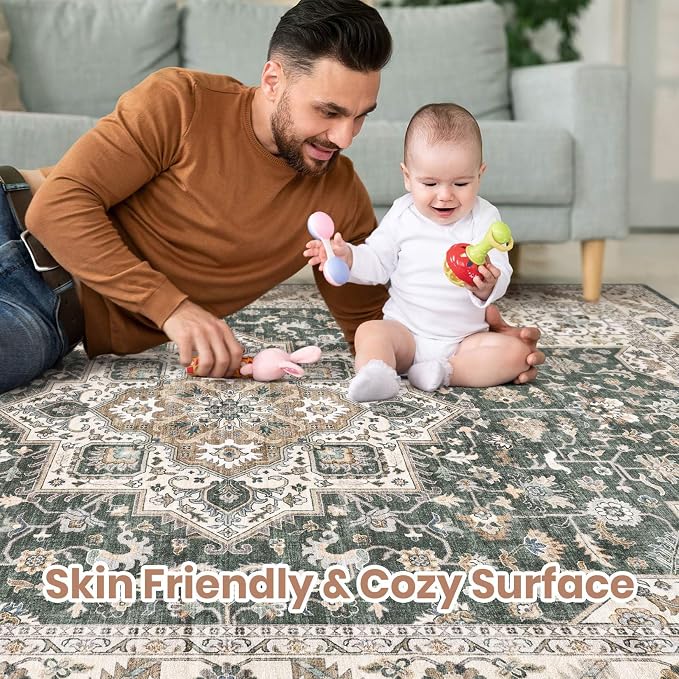 Vintage Living Room Area Rug 9x12 - Large Soft Washable Oriental Traditional Distressed Farmhouse Rugs for Bedroom - Indoor Floor Accent Carpet for Home Office House Decor - Vintage Green