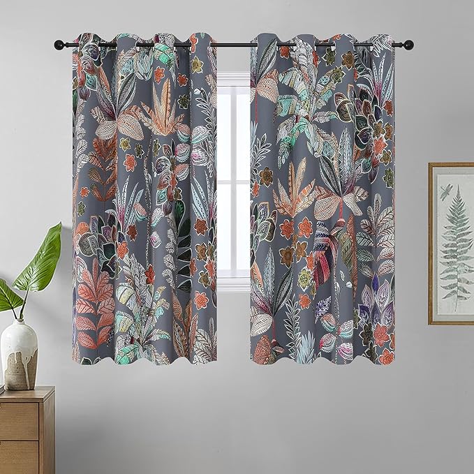 Estelar Textiler Leaves and Petals Pattern Blackout Curtains 63 inches Long Living Room, Grommet Thermal Insulated Room Darkening Drapes for Bedroom or Dining Room, 52x63 Inch (2 Panels), Grey