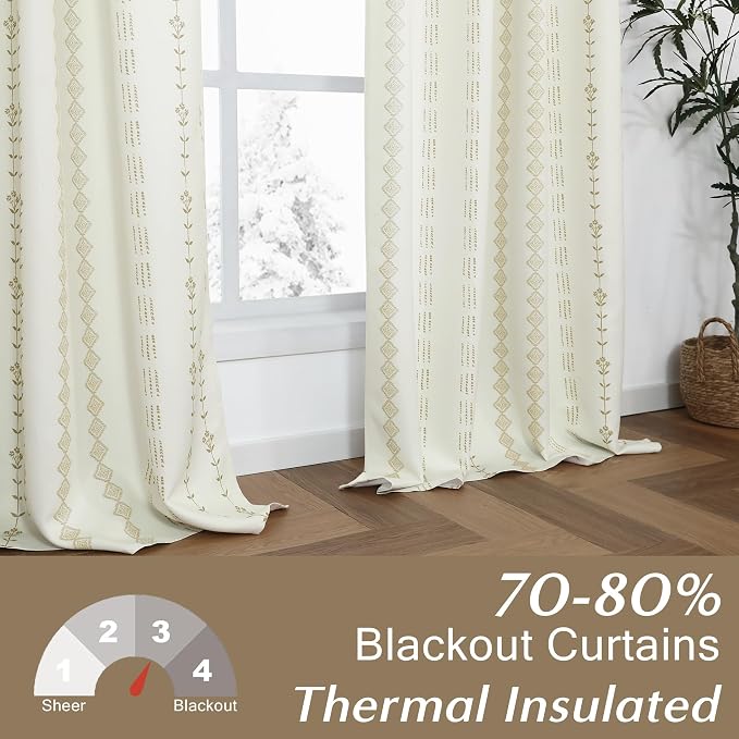 Lino Rosa Short Curtains for Windows, 45 Inch Boho Farmhouse Floral Pattern Thermal Insulated Drapes for Bedroom Kitchen, Cream and Tan Beige