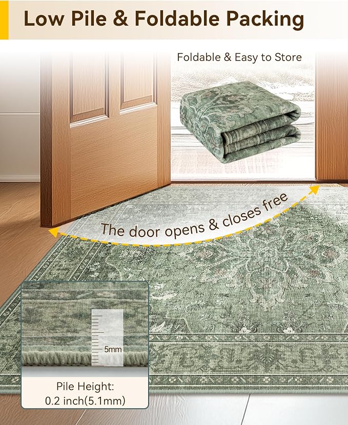 RELEANY Area Rugs Runner 2'x6' Washable Non-Slip, Floral Vintage Distress Medallion Carpet for Kitchen Hallway Bedroom Beside Laundry Room Bathroom, Dark Green Gray