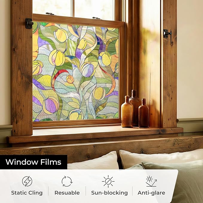 3D Stained Glass Window Film, Decorative Window Privacy Film for Bathroom,Front Door,Home, Sun Blocking Heat Control,Static Cling, Moonlight Tulip, 23.6inch x 35.4inch