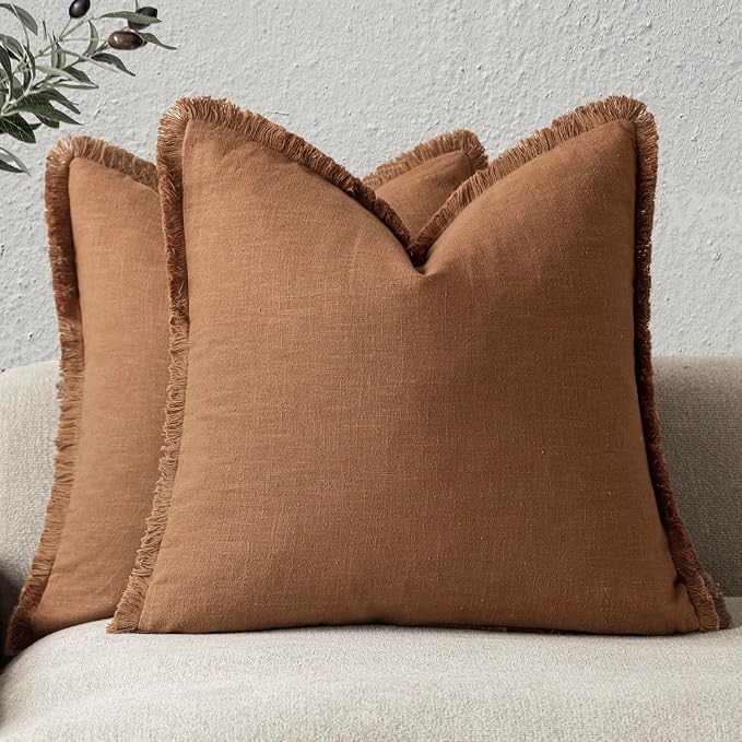 Foindtower Set of 2 Decorative Linen Fringe Throw Pillow Covers Boho Farmhouse Cushion Cover with Tassels Soft Accent Pillowcase for Couch Sofa Bed Living Room Home Decor,22×22 Inch,Orange Brown