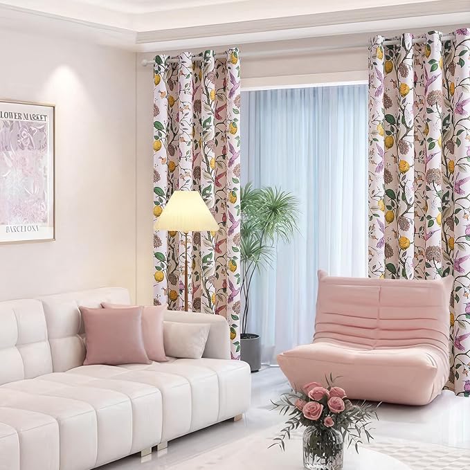 Topfinel Pink Blackout Window Curtains 72 Inch Length 2 Panels for Girls Bedroom, Spring Light Pink Cute Fancy Cottage Core Princess Floral Hummingbird Patterned Grommet Blush Pink Curtains Nursery