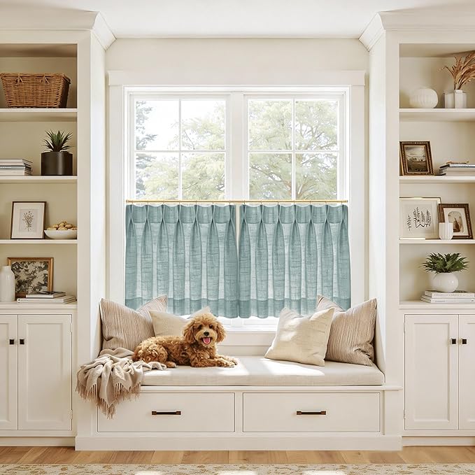TWOPAGES 26" W x 30" L Linen Blend Cafe Curtains for Kitchen Window, Light Filtering Pinch Pleated Tier Curtains, Modern Farmhouse Half Window Curtains for Small Window, Everglade Teal, 2 Panels