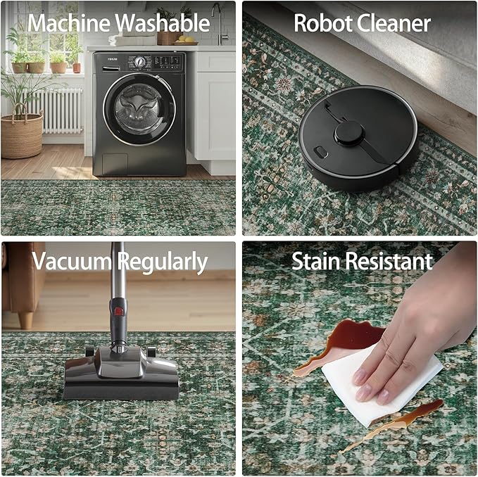DCX Green 5x7 Rug, Kid & Pet Friendly with Rubber Back Non Slip, Machine Washable Stain Resistant Vintage Traditional Distressed Carpet, Rug for Living Room, Bedroom, Neutral Home Decor
