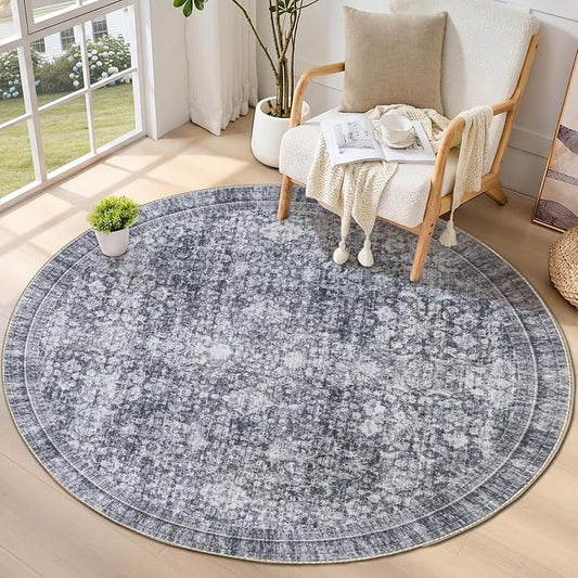 Sasttie Round Rugs 6ft, Ultra-Soft Washable Circle Rug, Low Pile Foldable Thin rugs with Non-Slip Backing, Skin-Friendly Stain Resistant Carpet for Living Room, Bedroom, Kitchen, Dorm, 6ft, Black Grey