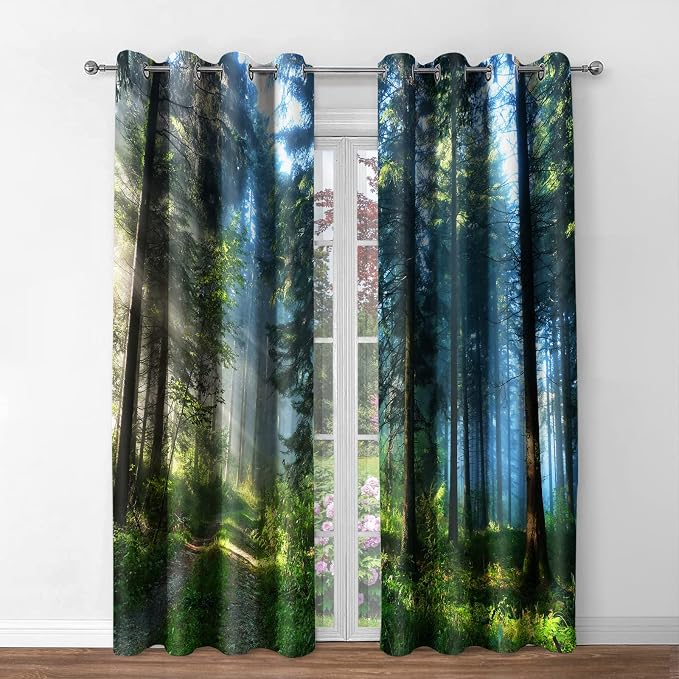 Jekeno Forest Tree Blackout Curtains - Blocking Window Curtain with Jungle Wild Weeds Nature Green Trees Scenery Print Decor Home Bedroom Living Room Grommet Window Drapes 2 Panel Set, 42"x63"