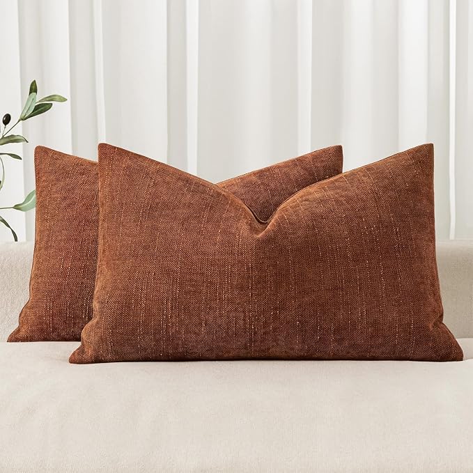 MIULEE Textured Pillow Covers 20x12 Inch Pack of 2,Dark Rust Soft Thick Solid Lumbar Decorative Chenille Throw Pillows Neutral Farmhouse Cushion Covers Modern Home Decor for Sofa Bedroom Living Room