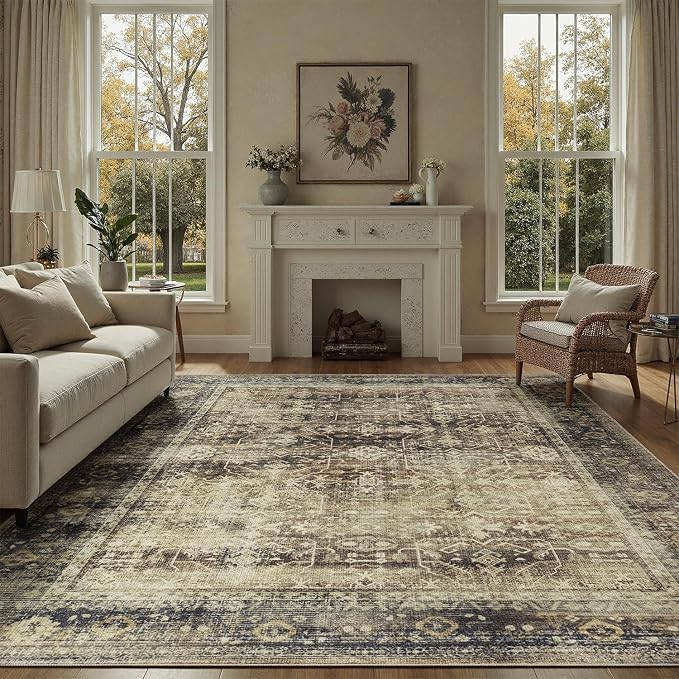 DCX Washable 5x7, Kid & Pet Friendly with Rubber Back Non Slip, Stain Resistant Vintage Rug for Living Room, Bedroom, Home Office, Soft Low Pile Large Farmhouse Distressed Carpet, Brown