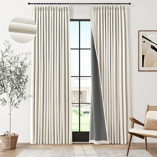 100% Blackout Pinch Pleat Linen Curtains 84 Inch Length 2 Panels Set Thermal Insulated Black Out Natural Linen Pleated Drapes for Bedroom Dining Living Room Neutral Cream Blackout Curtains 7FT