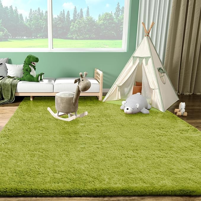 Ophanie Green Rugs for Living Room 5x8, Grass Shag Fluffy Large Fuzzy Plush Soft Carpets,Floor Shaggy Area Rugs for Bedroom, Carpet for Kids Boys Girls Dorm Nursery Decor with Over 99 pcs Pile fibers