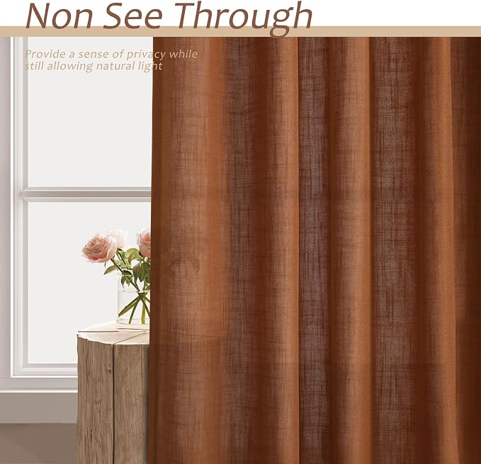 Aersas Terracotta Linen Textured Curtains 72 Inches Long for Living Room 2 Panel Set Back Tab Rod Pocket Semi Sheer Luxury Curtains Pleat Boho Window Curtain Decor for Dining Room Bedroom 52x72