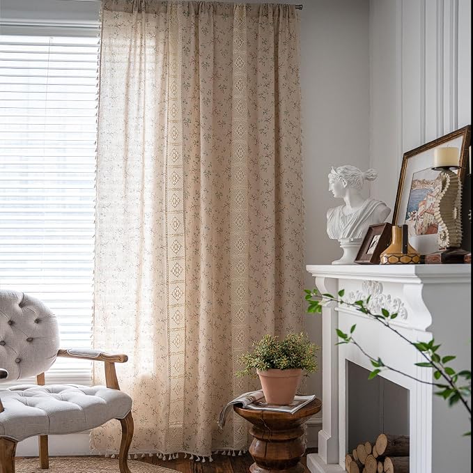 OYX Floral Farmhouse Curtains 96 Inches Long Semi-Blackout Living Room Drapes Cotton Linen Blend Bohemian Window Curtain Panels with Tassel Beige Rod Pocket Bedroom Drapes, 2 Panel