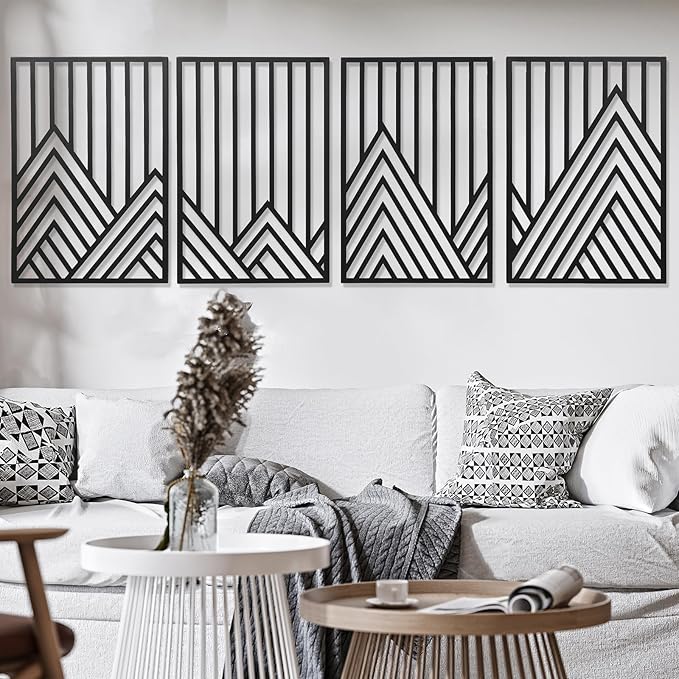AMAATE Black Metal Wall Art, 4 Pieces Minimalist Geometric Mountain Line Art Sculpture, Hollowed Out Abstract Modern Metal Hanging Decor for Living Room Bedroom Office 17.7" X 26.4" in