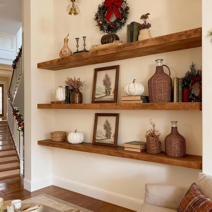 ROGMARS 48Inches Long Walnut Floating Shelves,Rustic Solid Wood Farmhouse Wall Shelves with Invisible Brackets for Bathroom, Living Room, Bedroom, Kitchen Set of 3