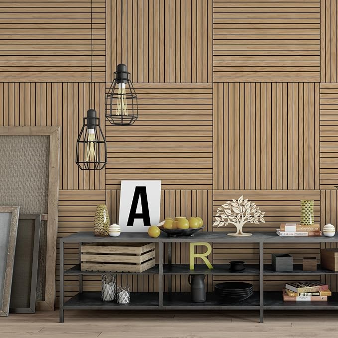 4-Piece Wood Slat Wall Panel for Interior Wall Decor Noise Cancelling 47.2" x 23.6" Peel and Stick Acoustic Decorative 3D Sound Absorbing Wall Paneling, Natural Oak