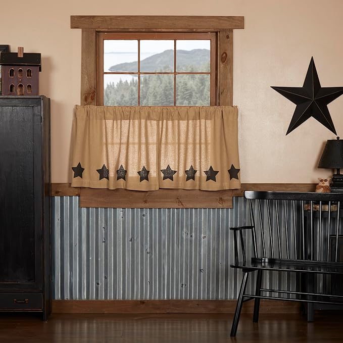 VHC Brands Burlap Natural with Black Stars Primitive 24"x36" Tier Pair Tan Rod Pocket Stenciled Cotton Kitchen Window Curtains