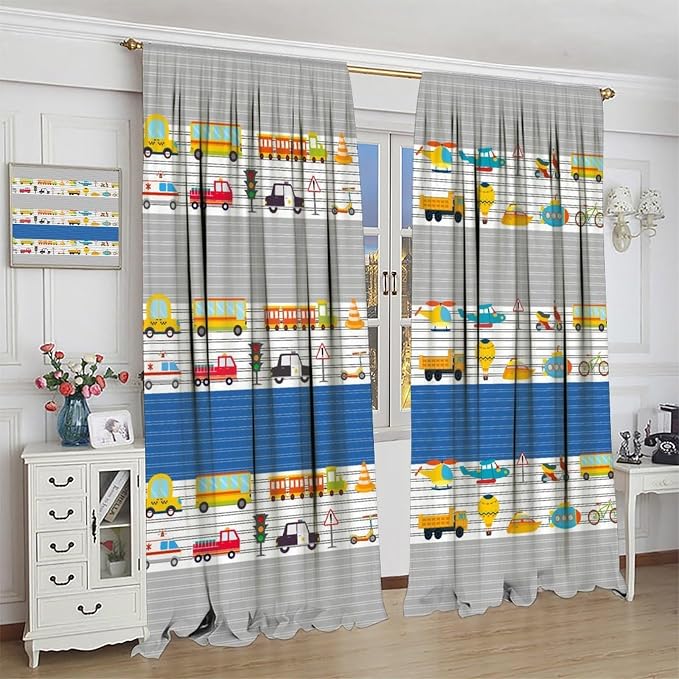 Cartoon Vehicles Blackout Curtain,Kids Boys Cute Cars Pattern Print Window Treatment Curtains Dining Room Living Room Kitchen Cafe Bedroom Office Nursery Drapes,55x63 in