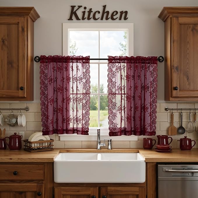 Kotile Burgundy Short Lace Curtains 36 Inch Length 2 Panels Cottagecore Floral Maroon Lace Kitchen Curtains for Windows Over Sink, Rod Pocket Privacy Light Filtering Sheer Curtain Short, 42 x 36 Inch