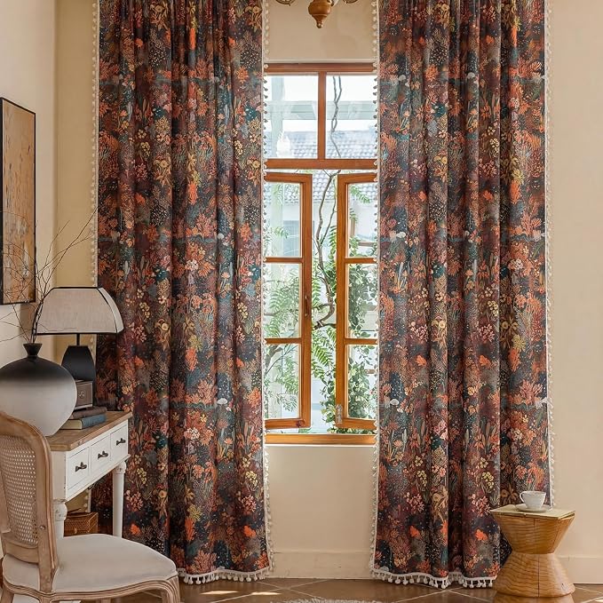 OYX Boho Floral Curtains 96 Inch, Linen Farmhouse Flower Drapes with Lace & Tassels, Light Filtering Semi Sheer Curtains for Living Room Bedroom, 2 Panels