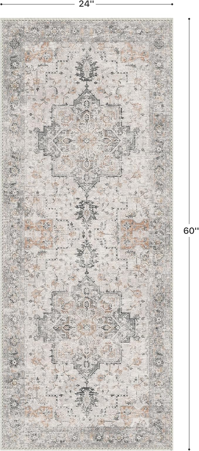 GENIMO Runner Rug 2x5 Non Slip Machine Washable Vintage Hallway Runner Kitchen Rug, Low Pile Lightweight Rugs for Entryway, Hallway, Kitchen and Corridor, Light Taupe Brown